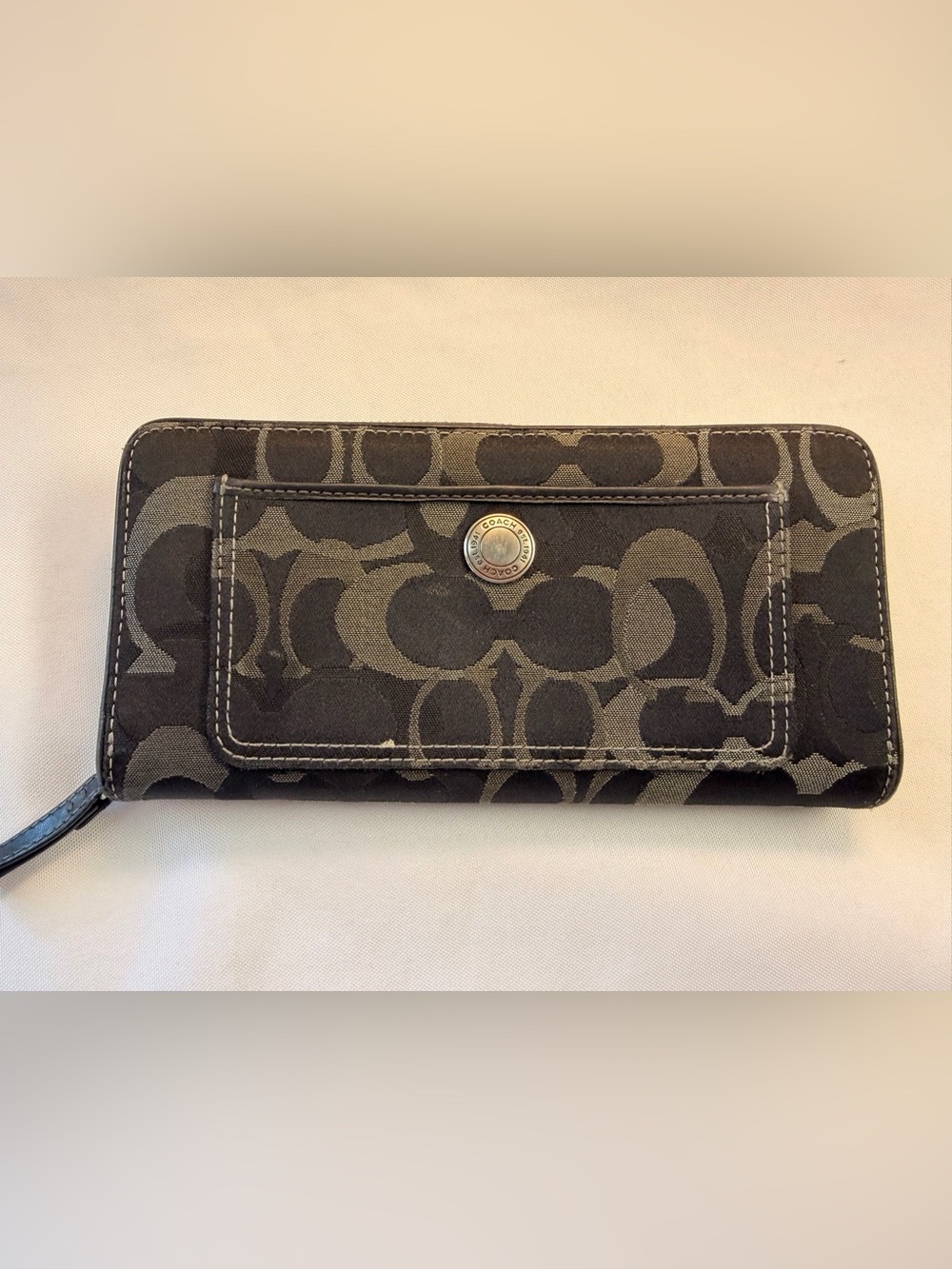 Coach Black Signature Monogram Canvas Zip Accordion Wallet
